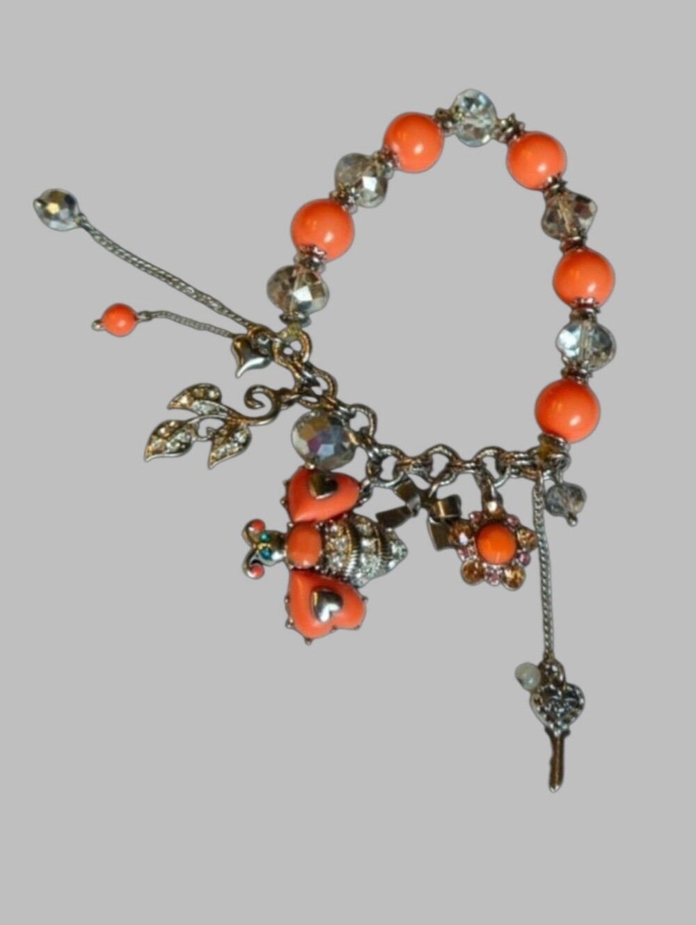 🐝Betsey VINTAGE Bee Half-Stretch Charm Bracelet Silver-Tone Orange Accents EPC